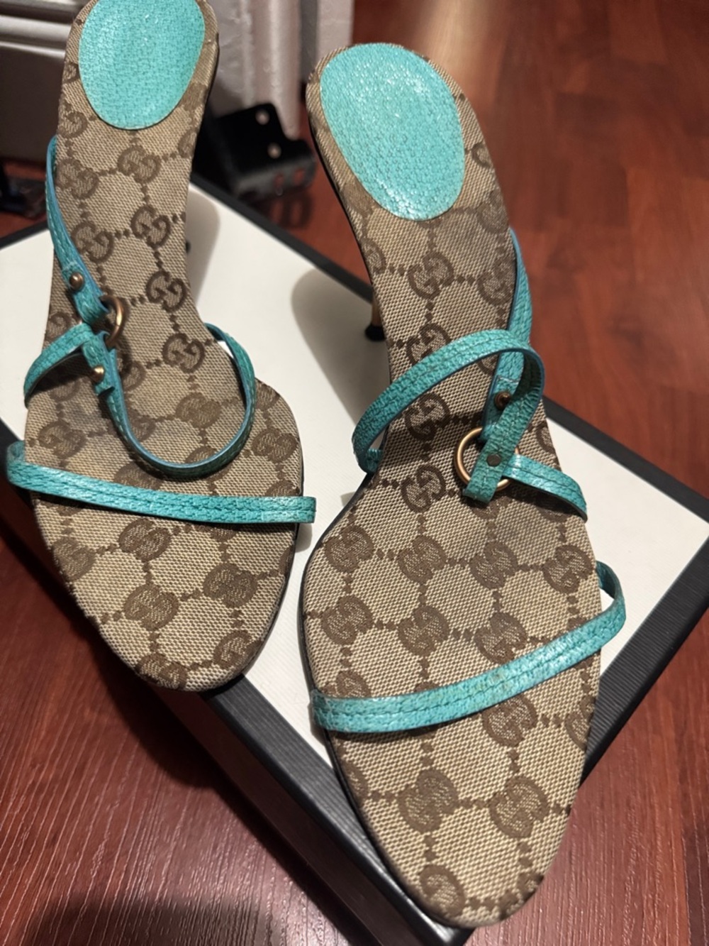 Gucci Turquoise Strappy GG Canvas Heeled Slides